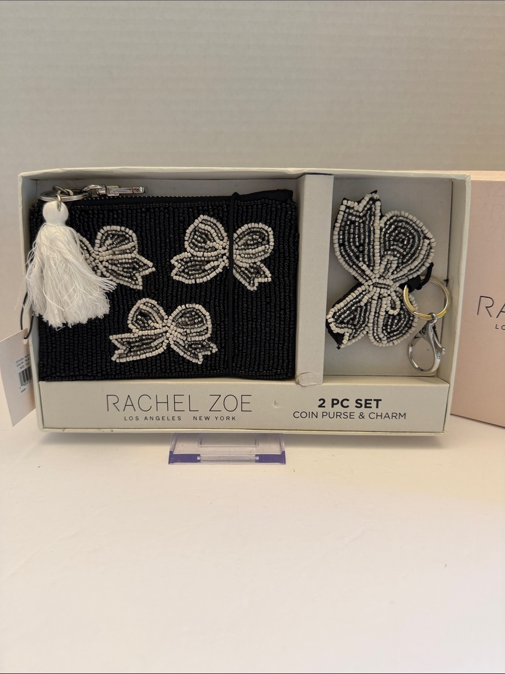 Rachel Zoe Black & White Beaded Coin Purse with Bow Charm Keychain